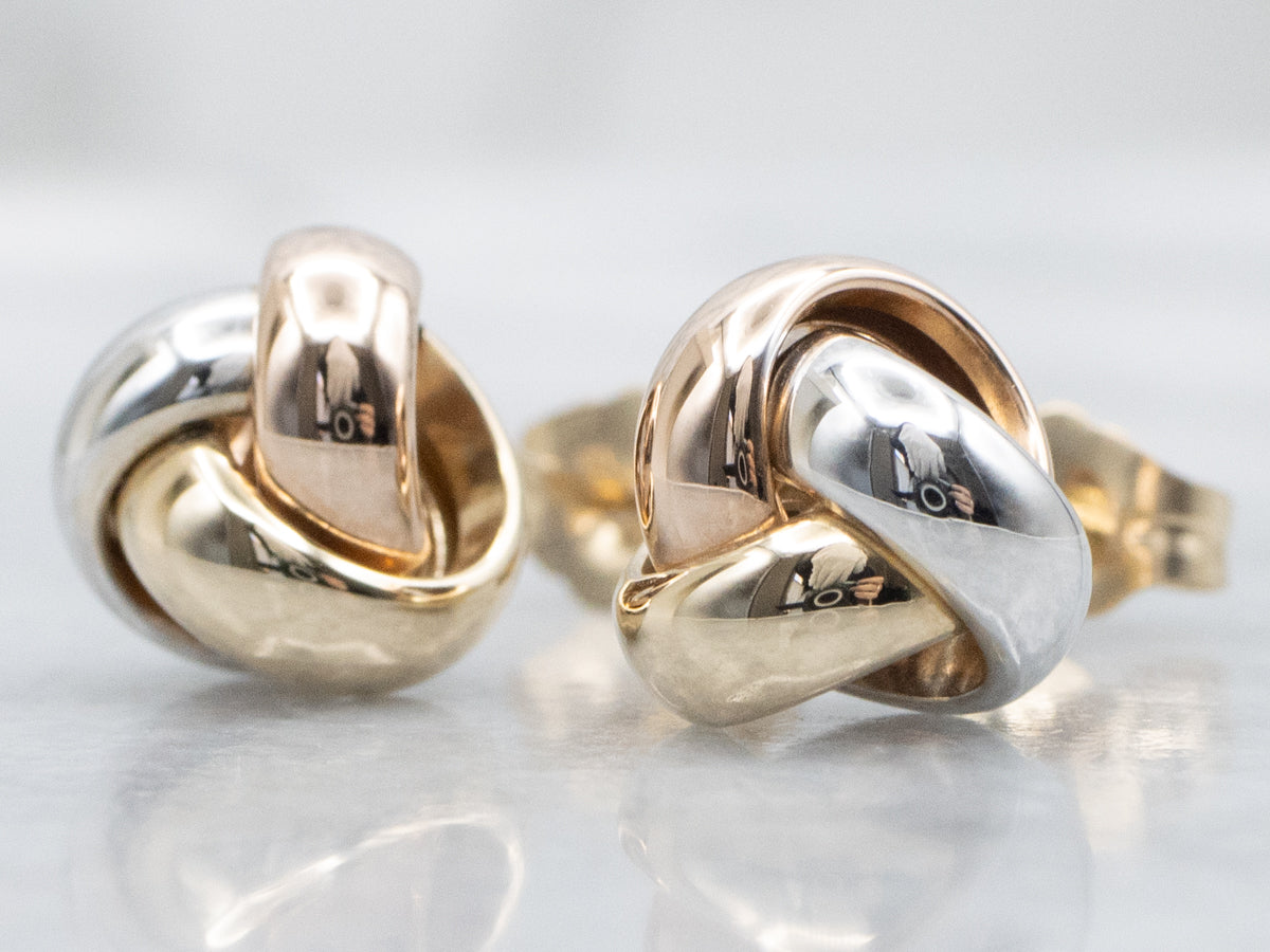 Polished Tri-Color Gold Knot Stud Earrings