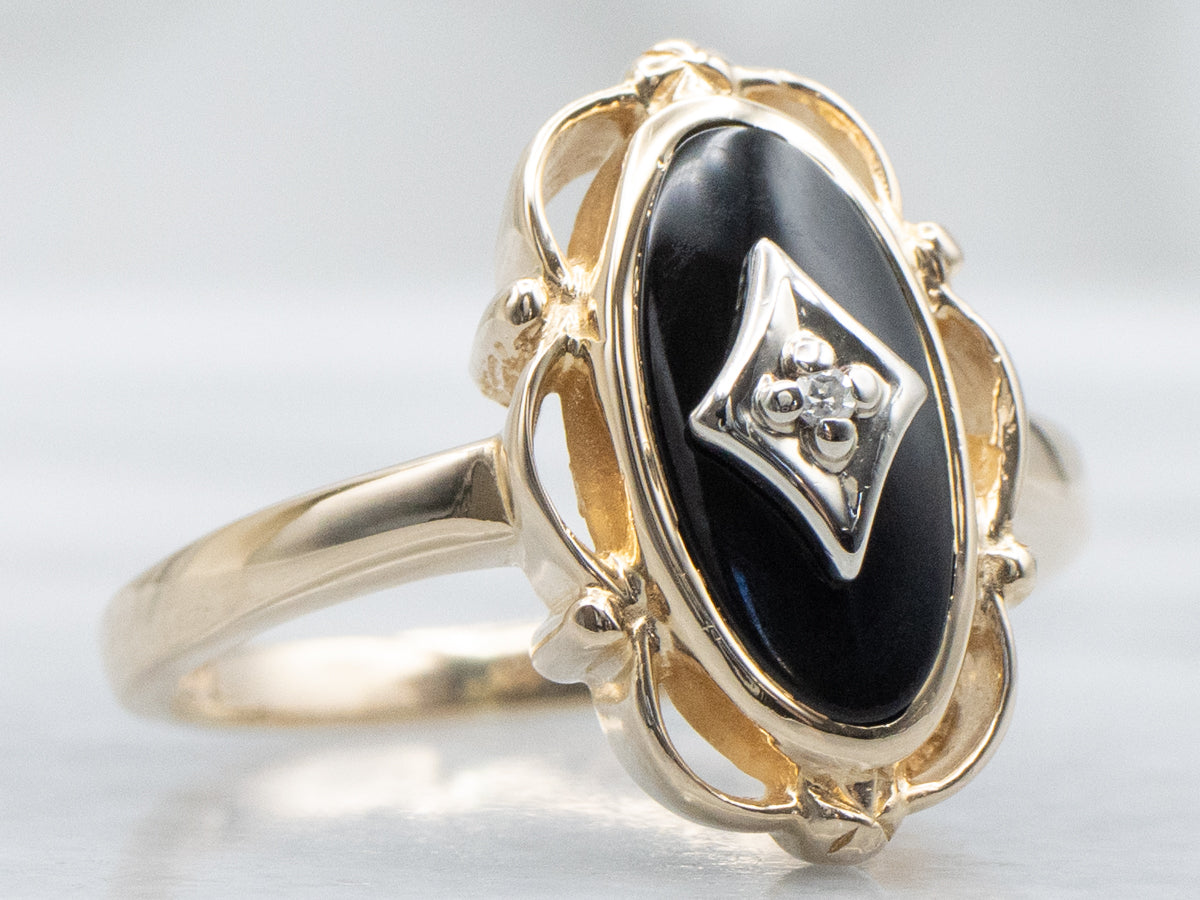 Vintage Black Onyx Ring with Diamond Center