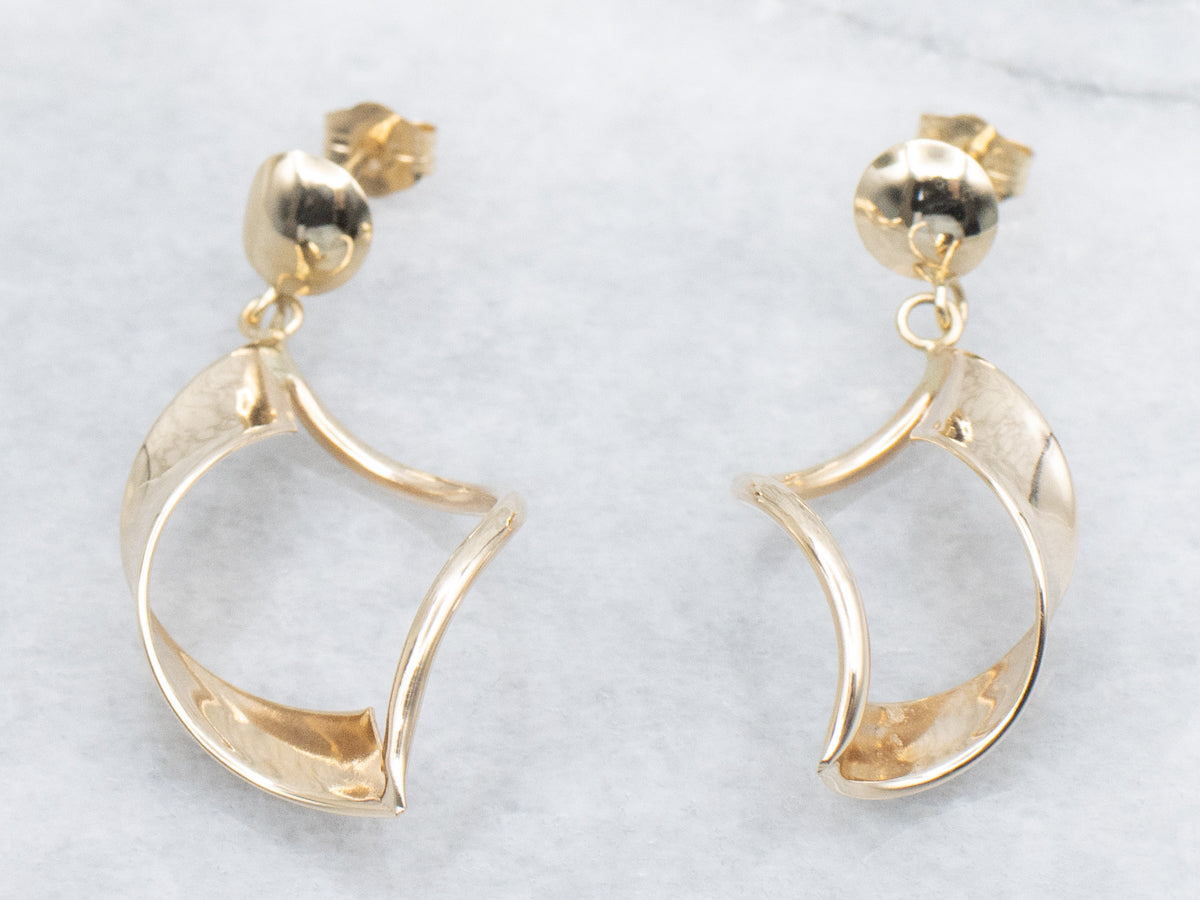 Twisting Polished Gold Swirl Ribbon Drop Earrings
