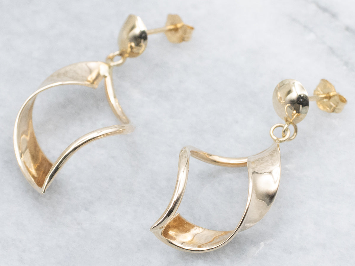 Twisting Polished Gold Swirl Ribbon Drop Earrings