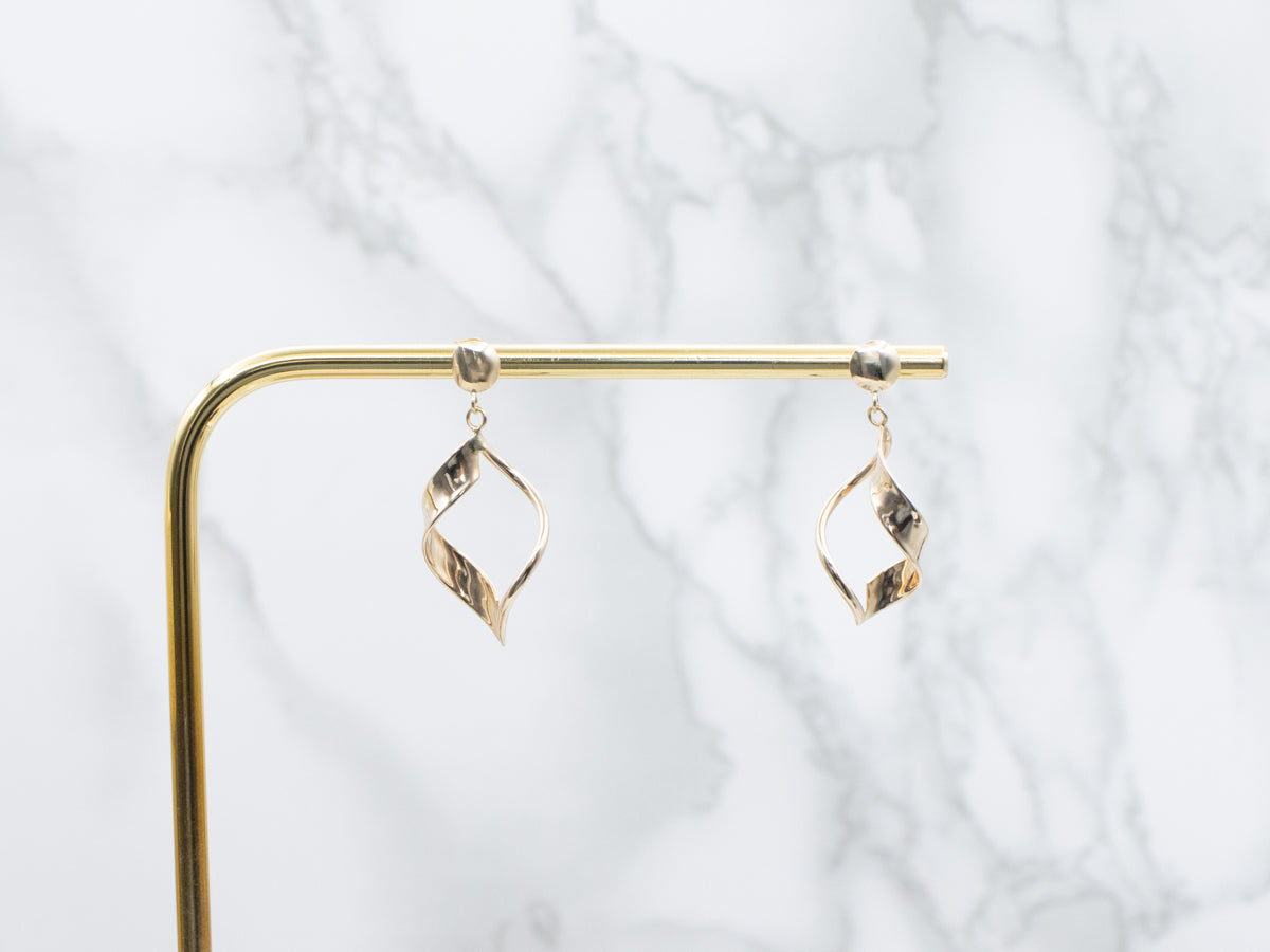 Twisting Polished Gold Swirl Ribbon Drop Earrings