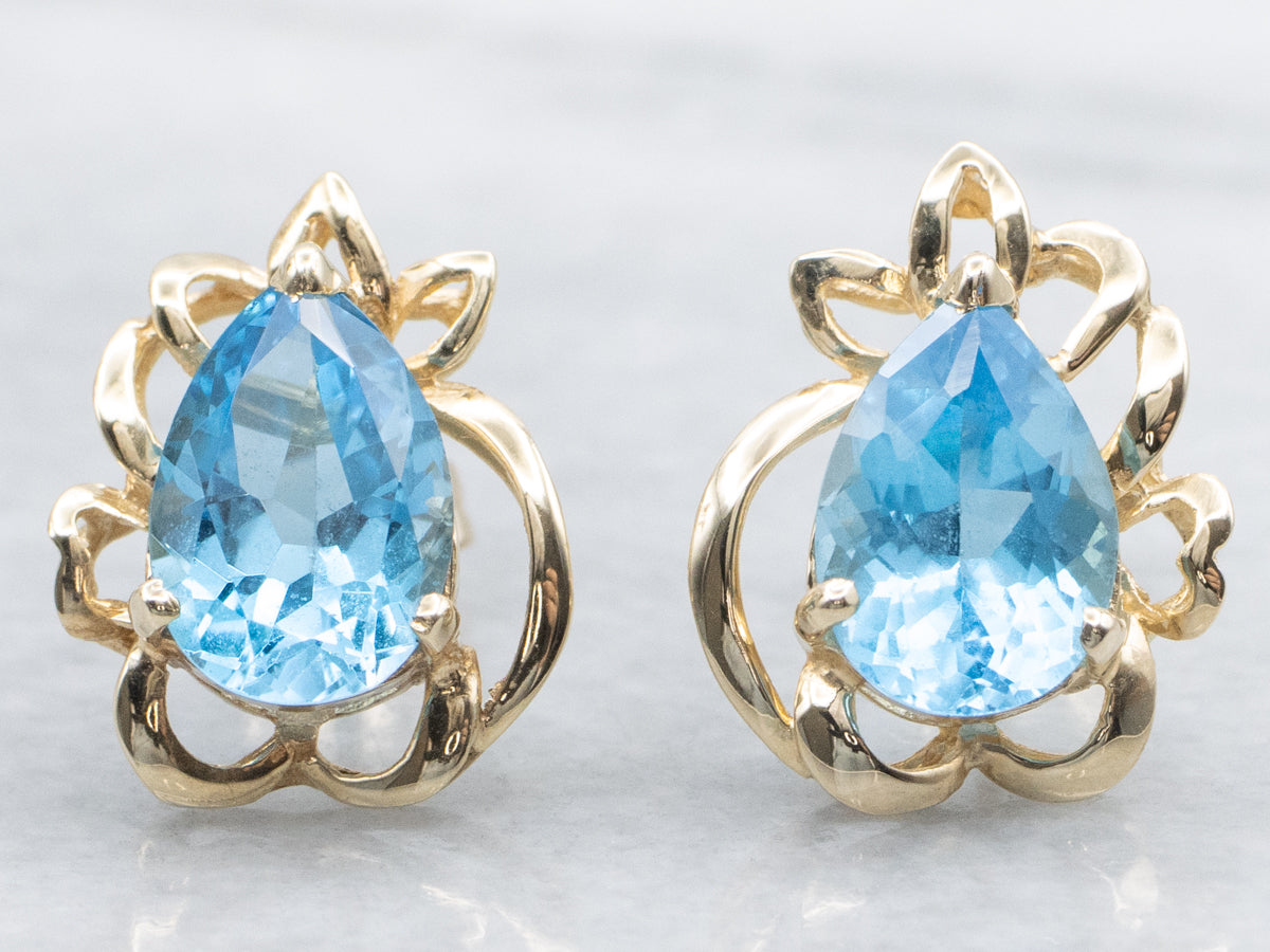 Teardrop Blue Topaz Floral Yellow Gold Stud Earrings