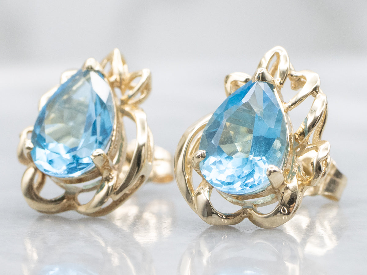 Teardrop Blue Topaz Floral Yellow Gold Stud Earrings