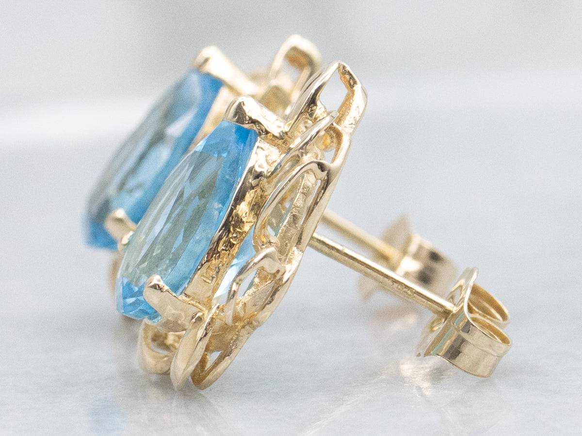 Teardrop Blue Topaz Floral Yellow Gold Stud Earrings