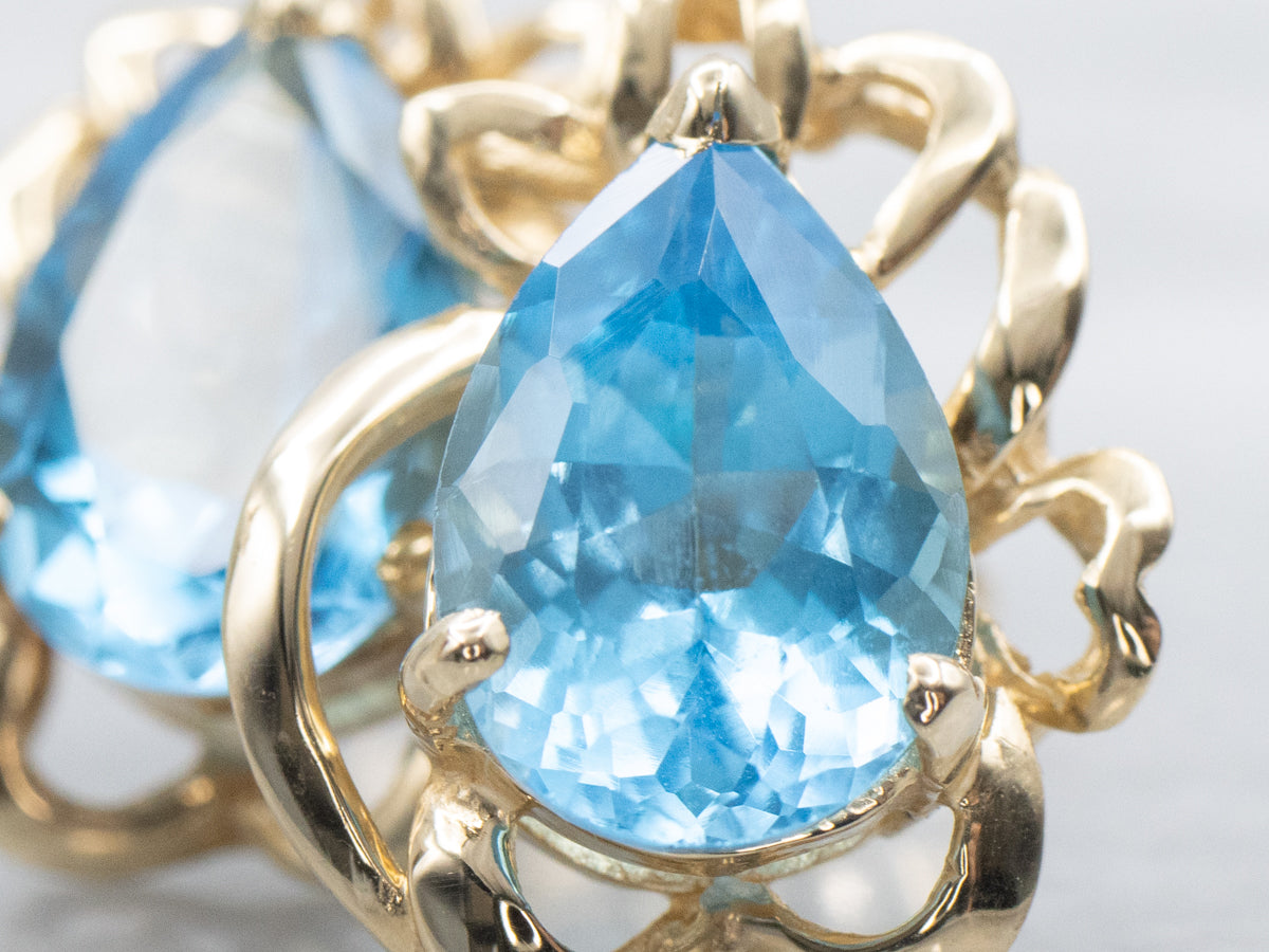 Teardrop Blue Topaz Floral Yellow Gold Stud Earrings