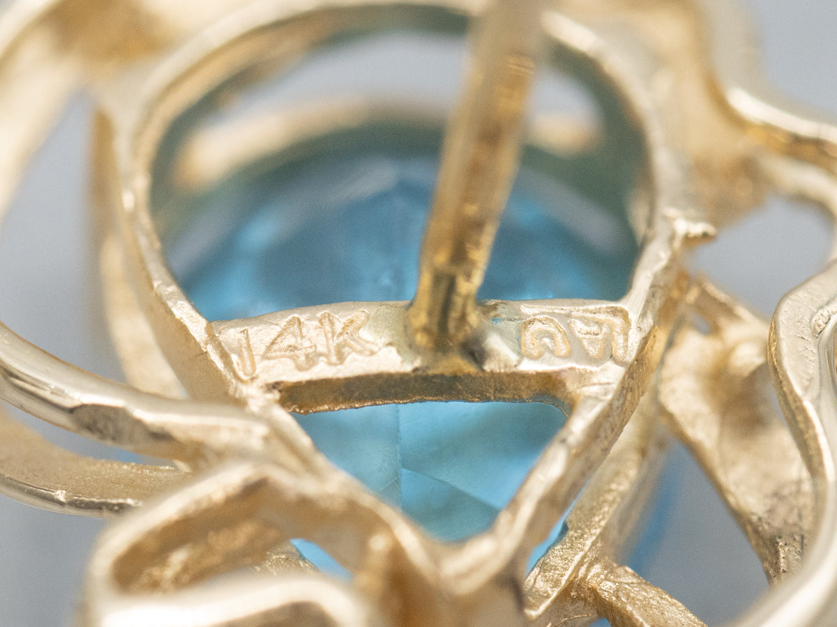 Teardrop Blue Topaz Floral Yellow Gold Stud Earrings
