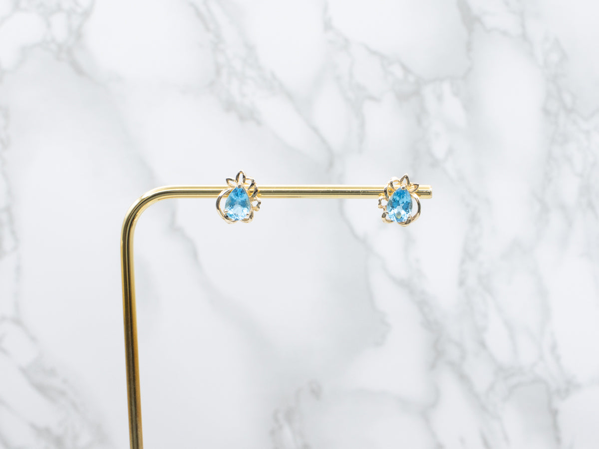 Teardrop Blue Topaz Floral Yellow Gold Stud Earrings