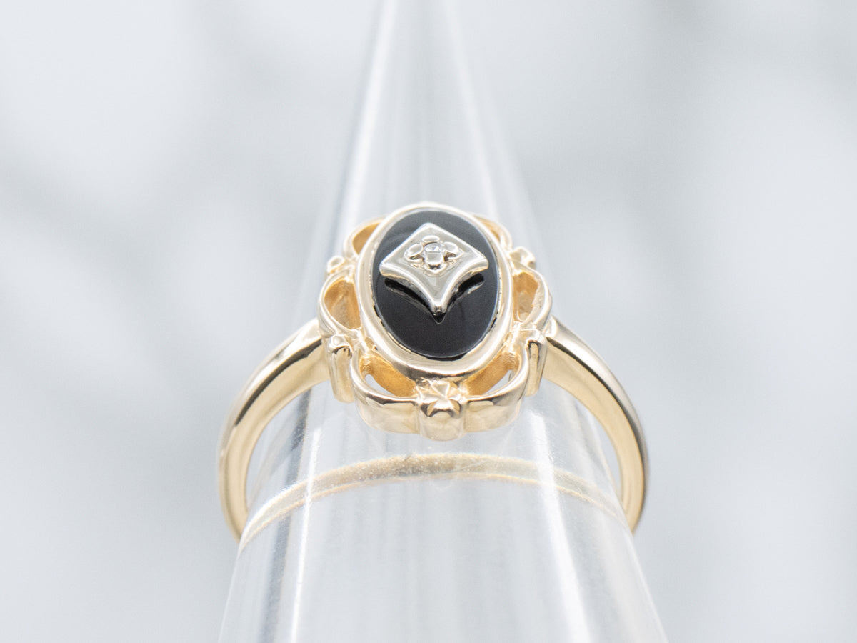 Vintage Black Onyx Ring with Diamond Center