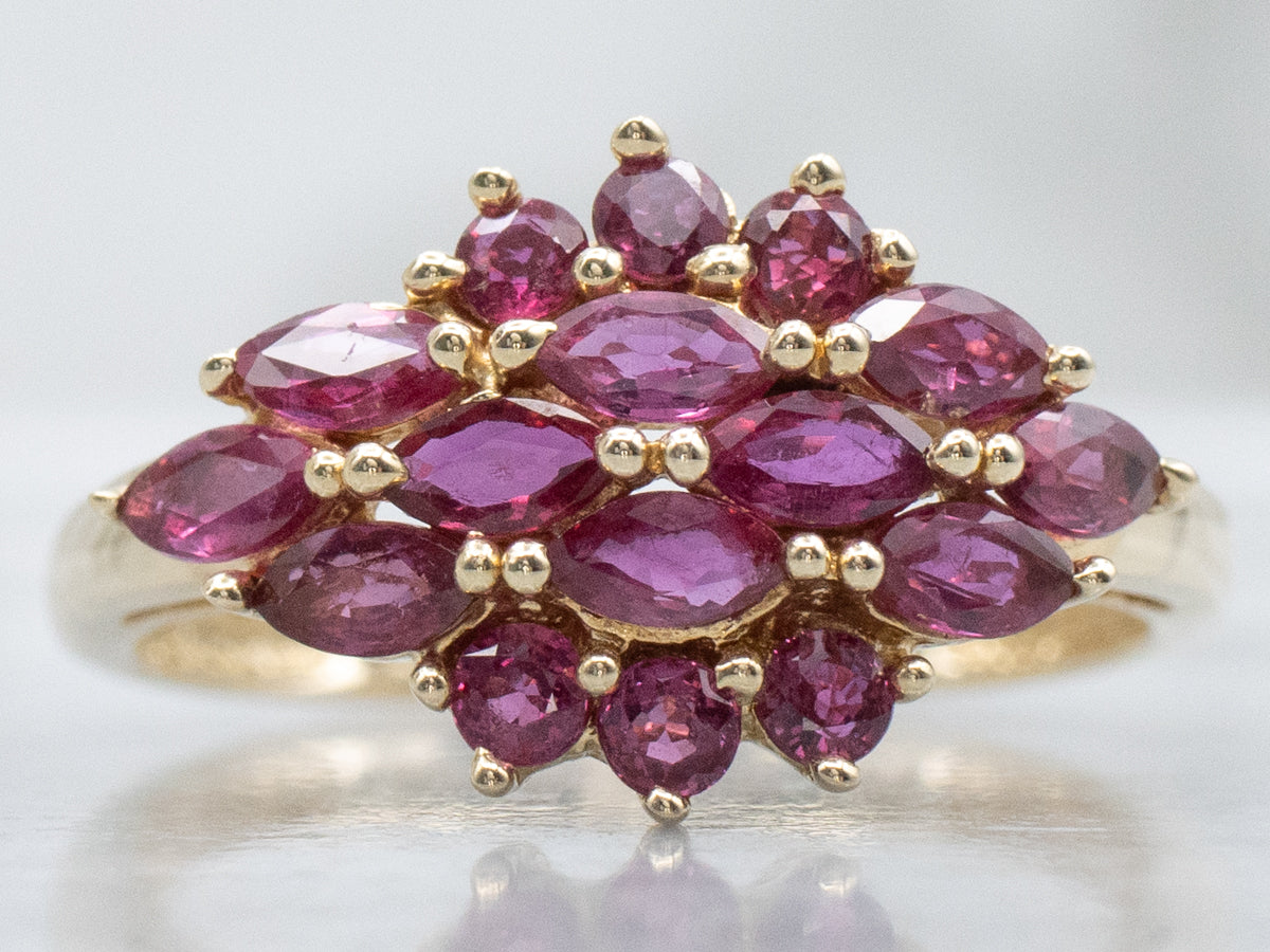 Marquise-Cut Ruby and Gold Cluster Ring