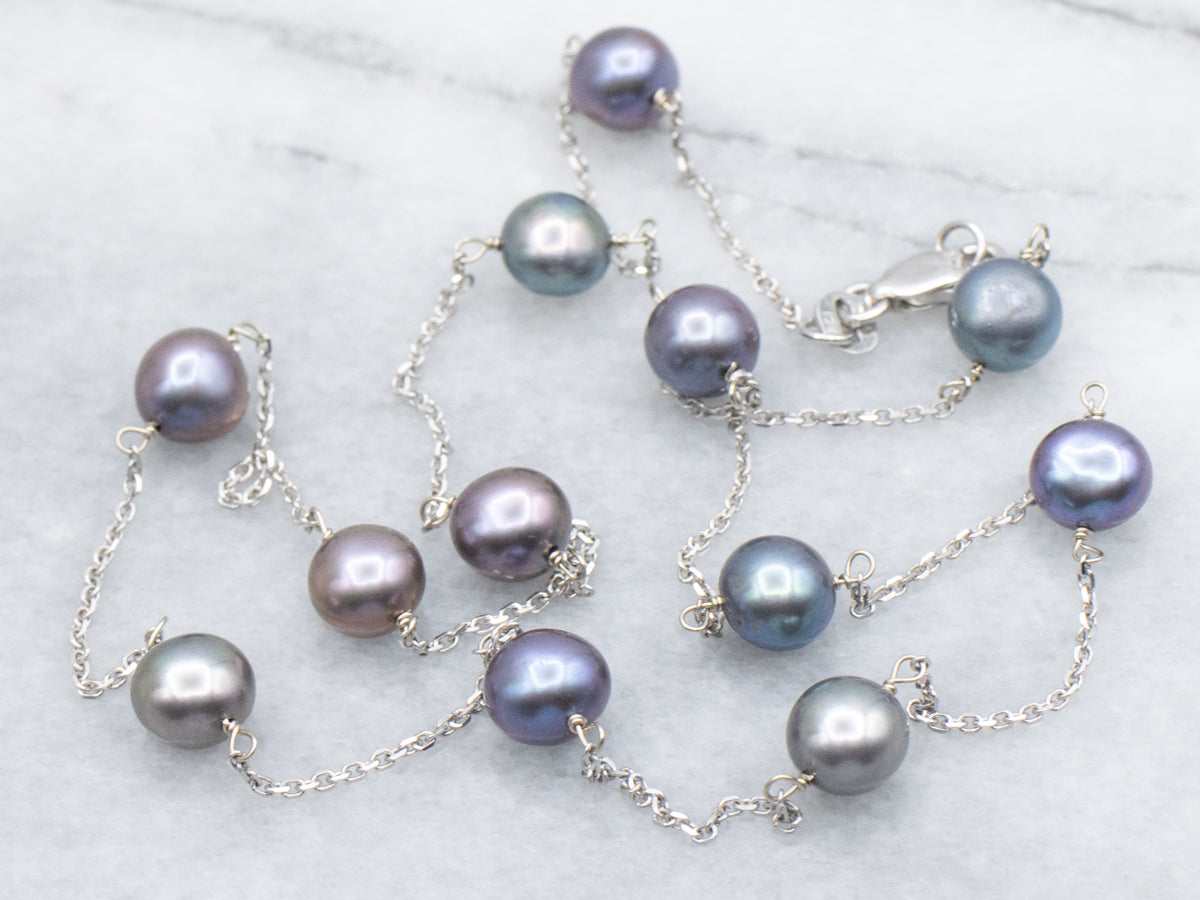 White Gold Grey Pearl Station Link Cable Chain Necklace