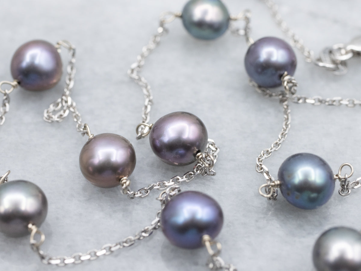 White Gold Grey Pearl Station Link Cable Chain Necklace
