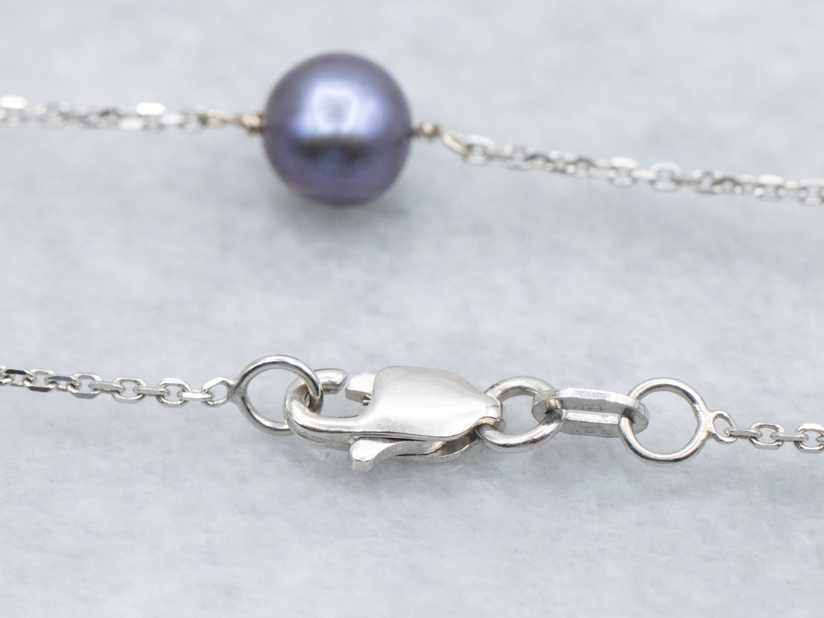 White Gold Grey Pearl Station Link Cable Chain Necklace