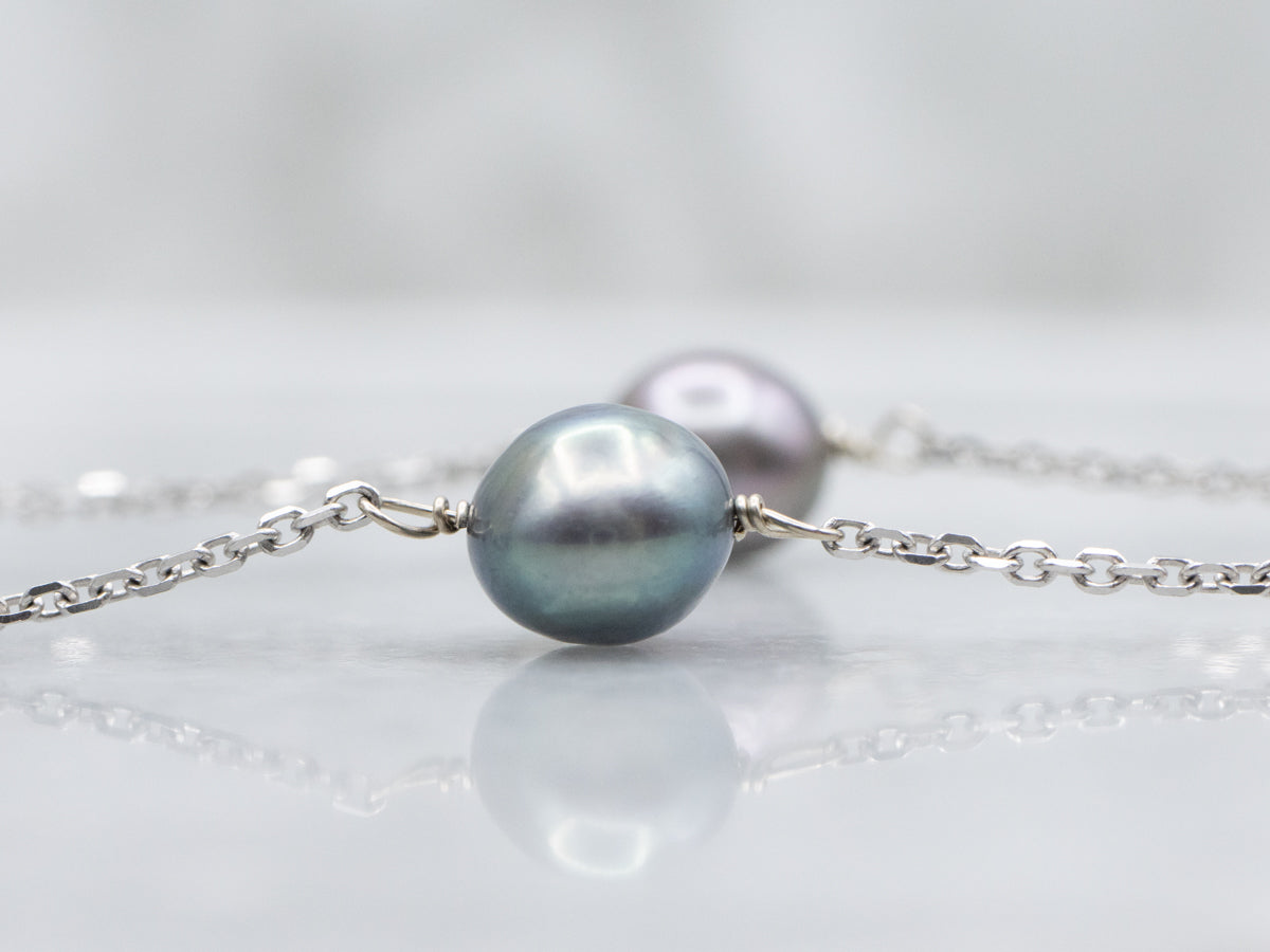 White Gold Grey Pearl Station Link Cable Chain Necklace