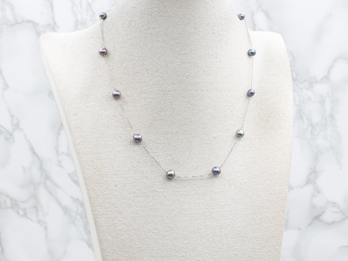 White Gold Grey Pearl Station Link Cable Chain Necklace