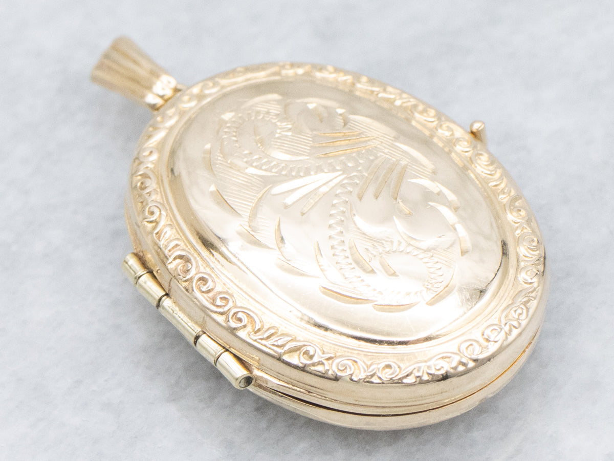 Vintage Engraved Yellow Gold Oval Locket