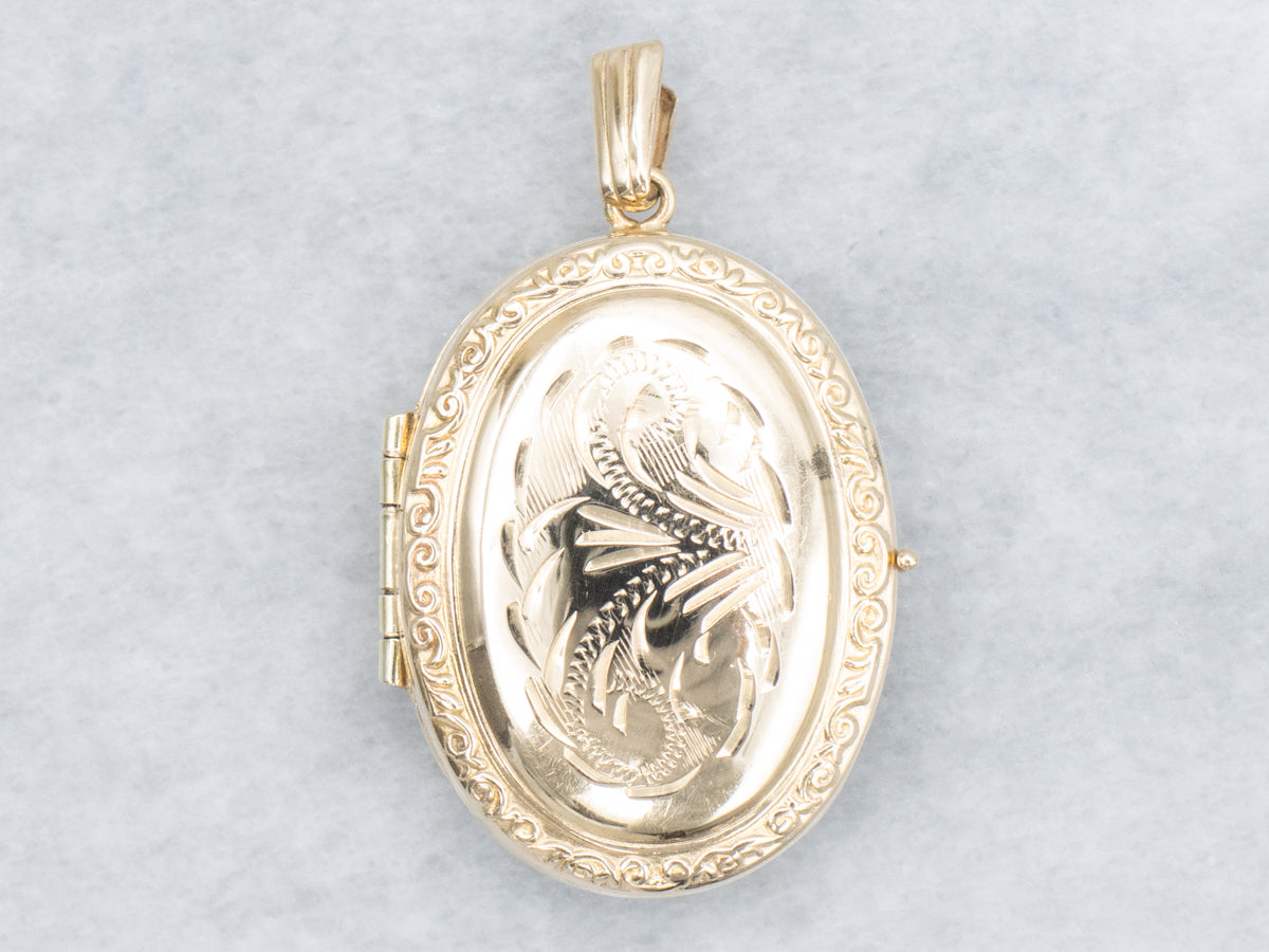 Vintage Engraved Yellow Gold Oval Locket
