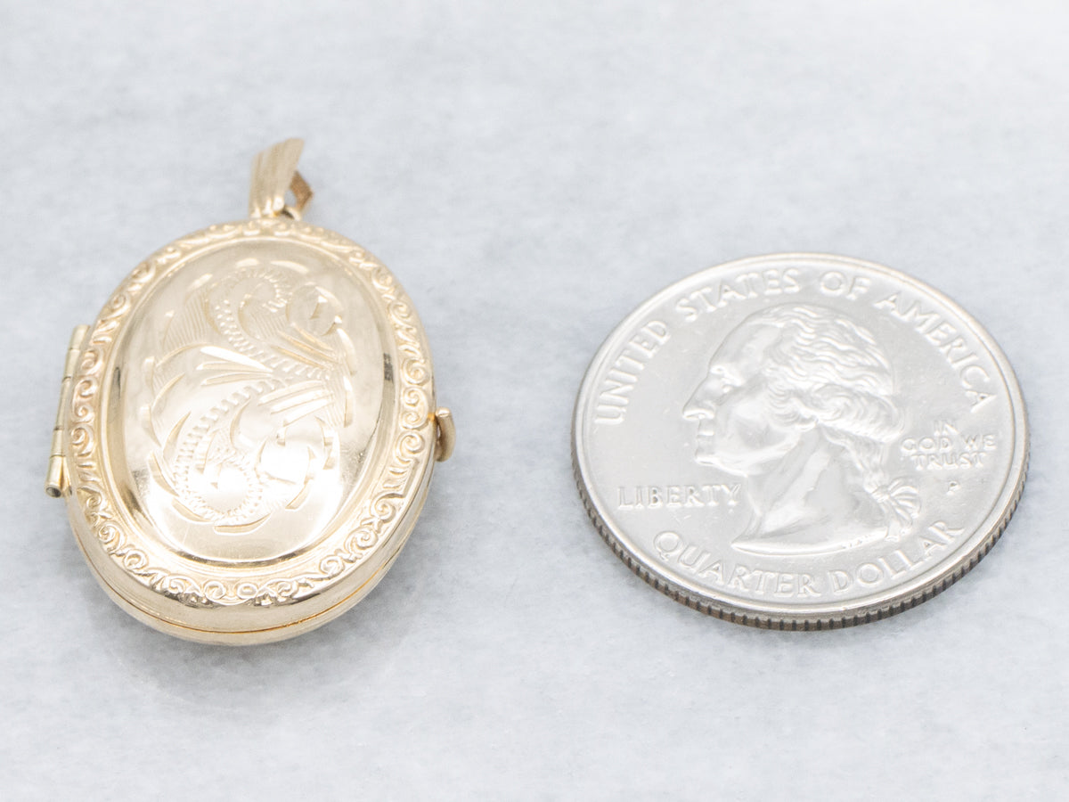 Vintage Engraved Yellow Gold Oval Locket