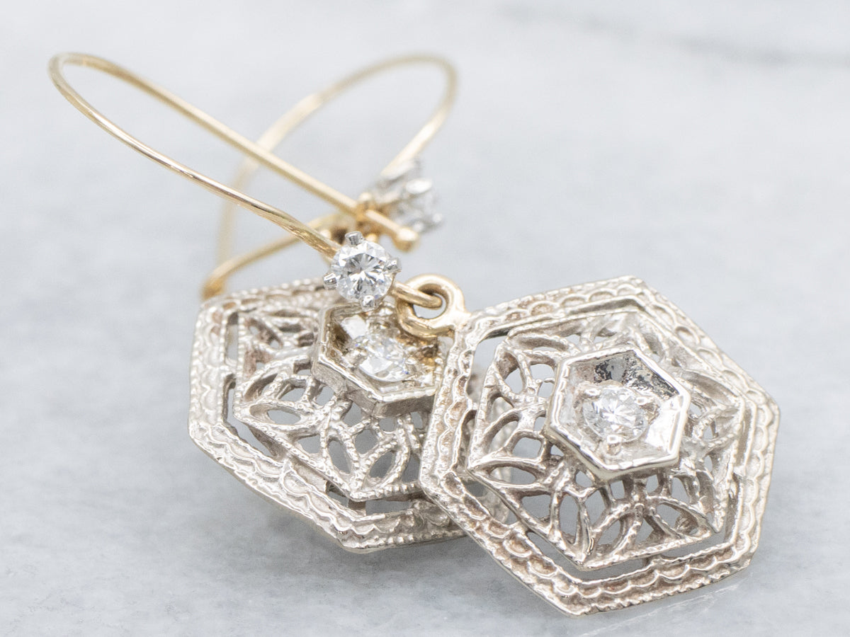 Mix-Era Diamond and Gold Filigree Hexagonal Drop Earrings