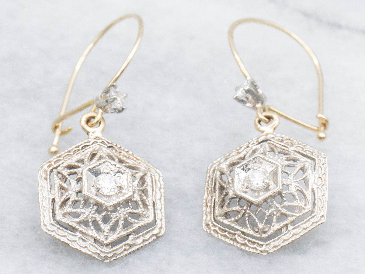 Mix-Era Diamond and Gold Filigree Hexagonal Drop Earrings