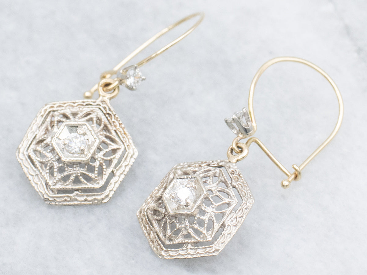 Mix-Era Diamond and Gold Filigree Hexagonal Drop Earrings