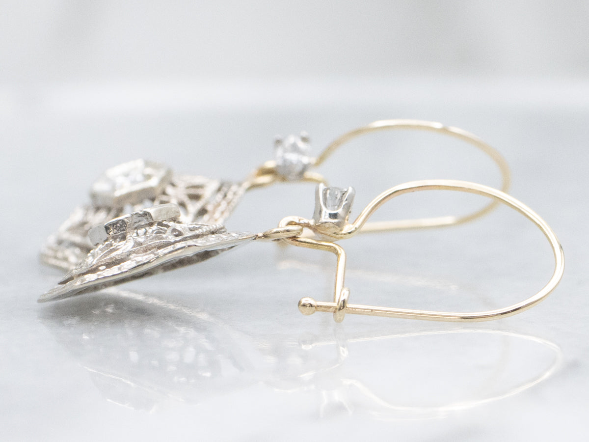 Mix-Era Diamond and Gold Filigree Hexagonal Drop Earrings