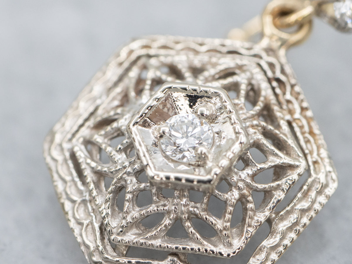 Mix-Era Diamond and Gold Filigree Hexagonal Drop Earrings