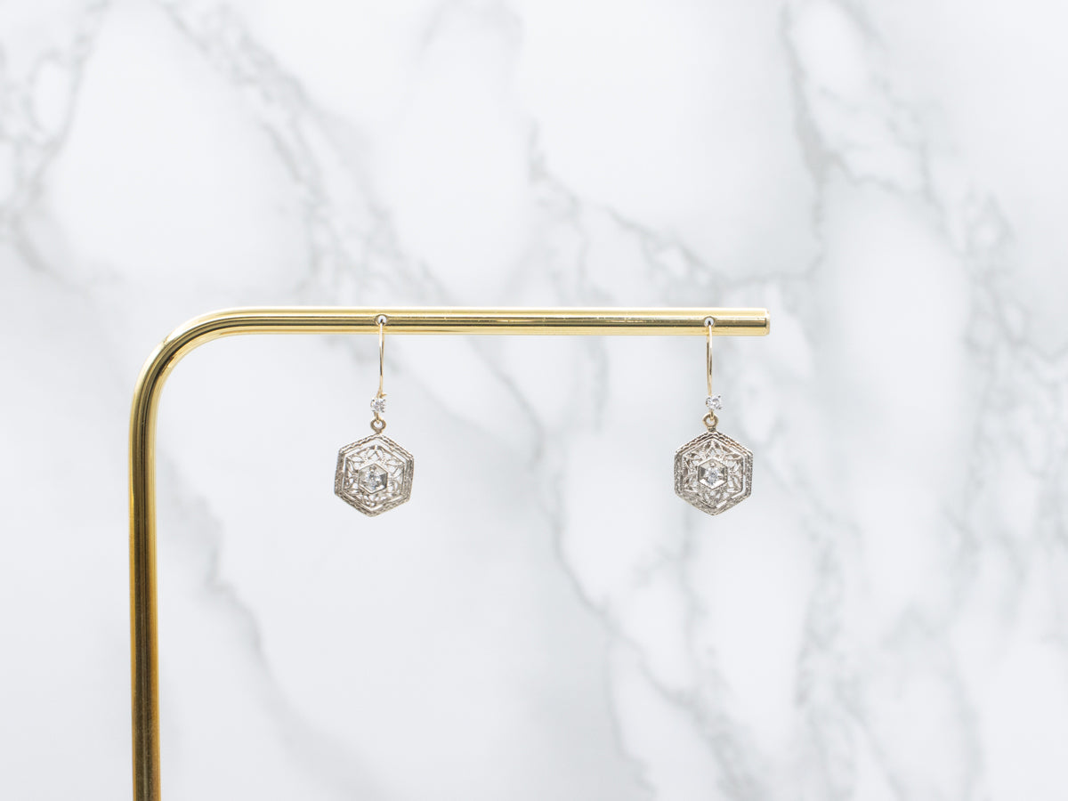 Mix-Era Diamond and Gold Filigree Hexagonal Drop Earrings