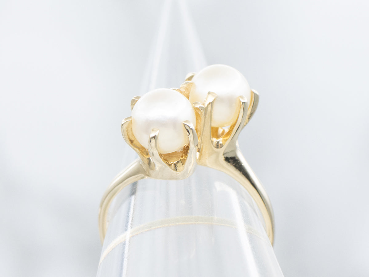 Double Saltwater Pearl Yellow Gold Bypass Ring
