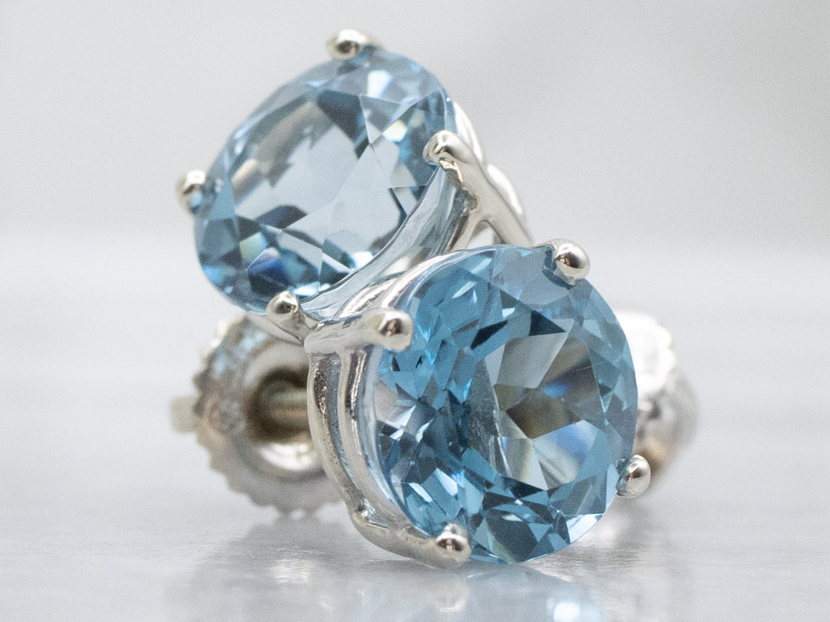 Round-Cut Blue Topaz White Gold Stud Earrings