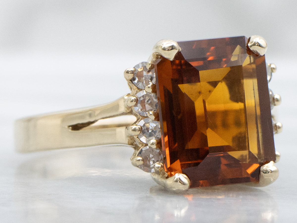 Yellow Gold Emerald-Cut Citrine Ring with Diamond Accents