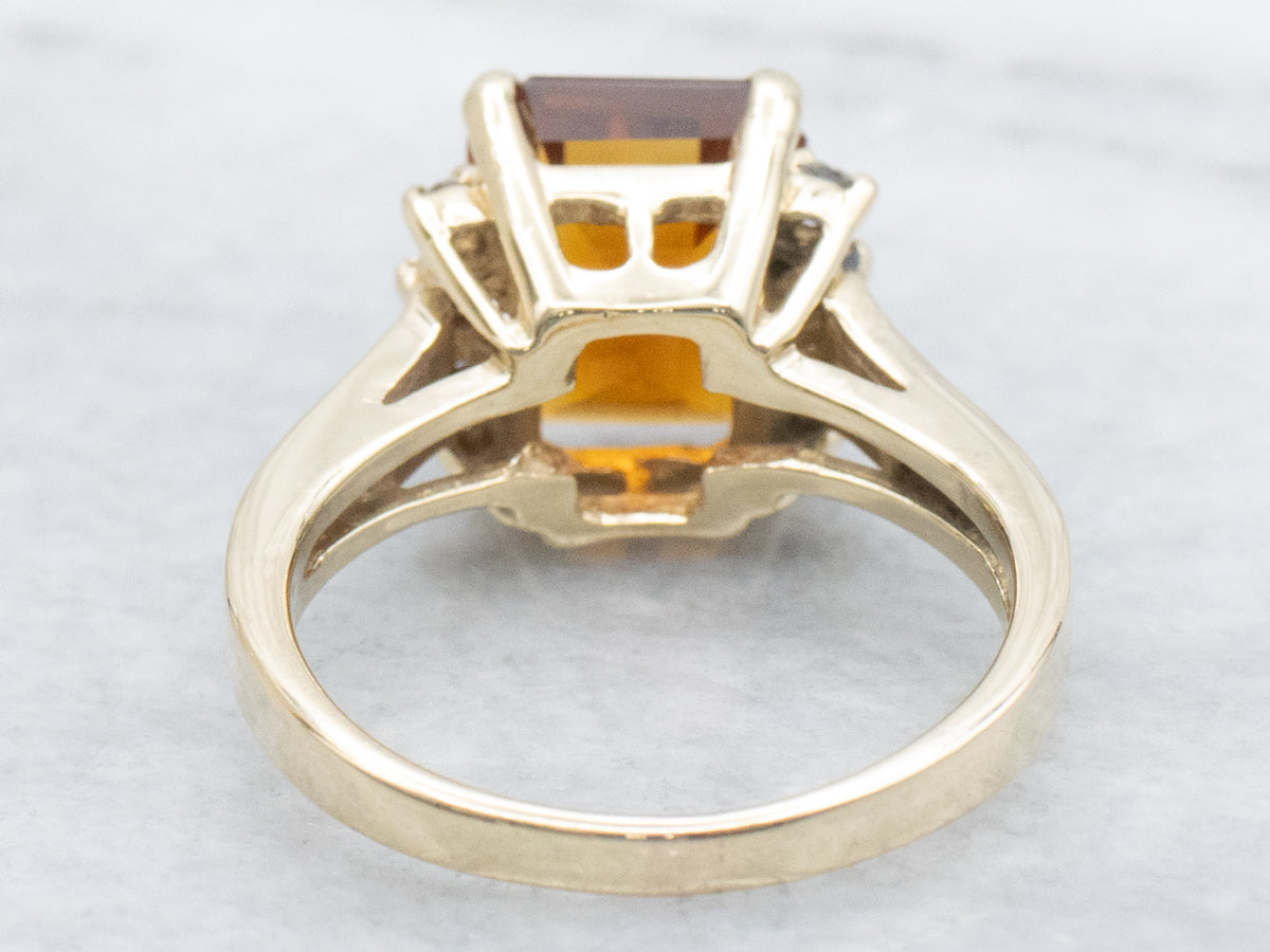Yellow Gold Emerald-Cut Citrine Ring with Diamond Accents