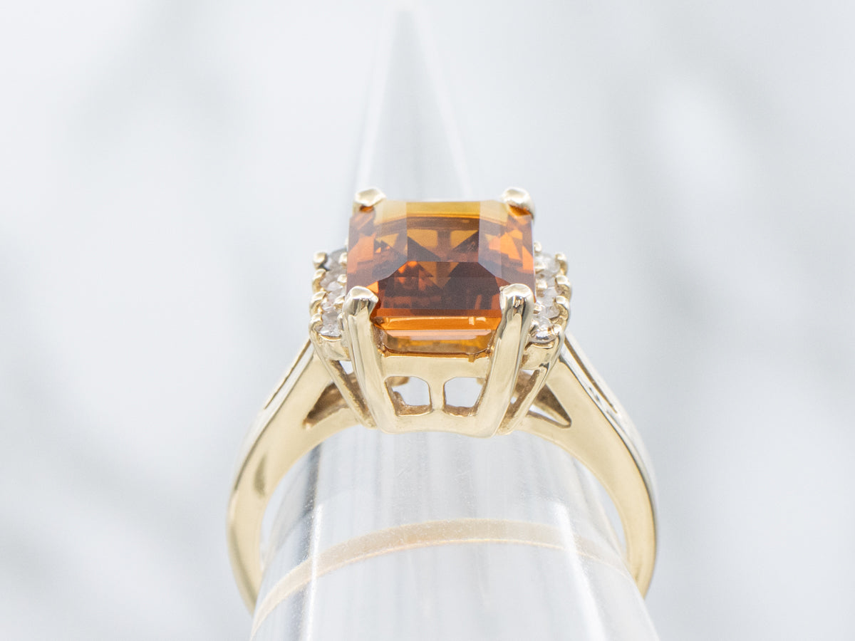 Yellow Gold Emerald-Cut Citrine Ring with Diamond Accents