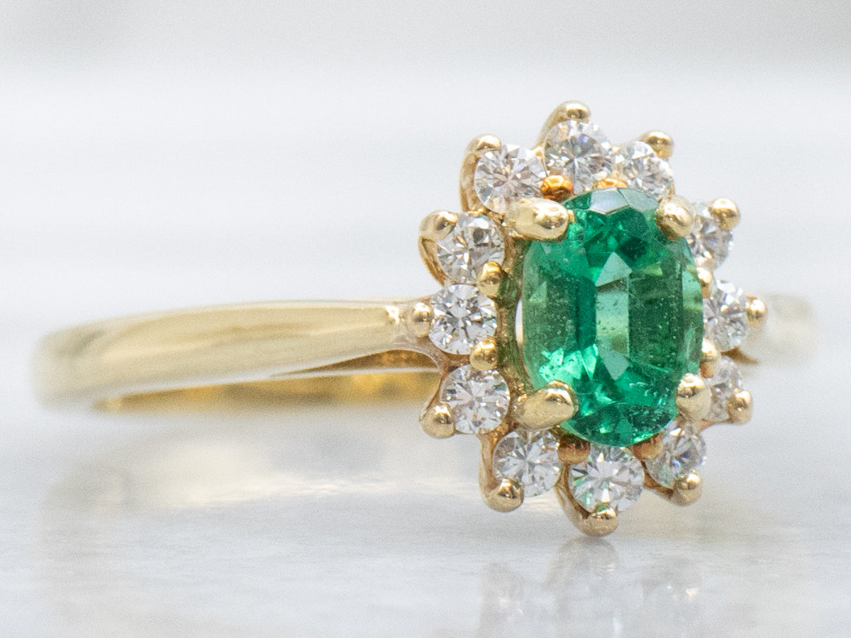 Classic 18-Karat Yellow Gold Emerald and Diamond Halo Ring