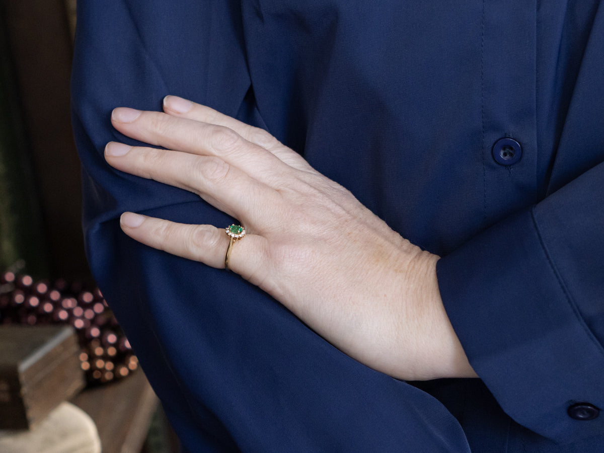 Classic 18-Karat Yellow Gold Emerald and Diamond Halo Ring