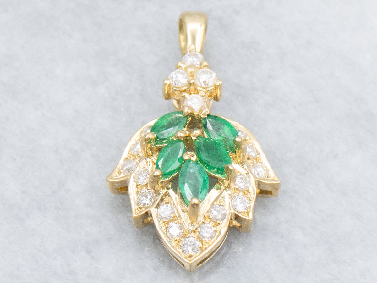 Botanical Gold Marquise-Cut Emerald and Diamond Pendant