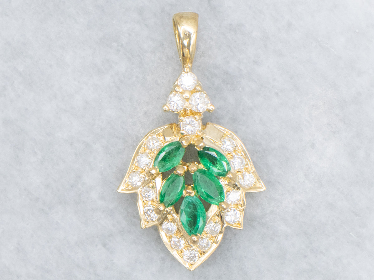 Botanical Gold Marquise-Cut Emerald and Diamond Pendant