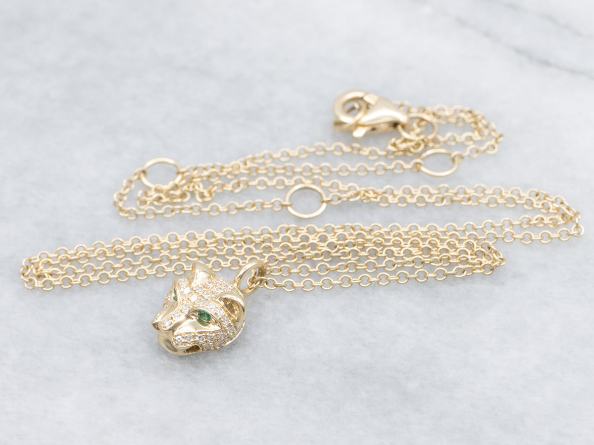 Solid Gold Diamond Panther Pendant with Emerald Eyes Necklace