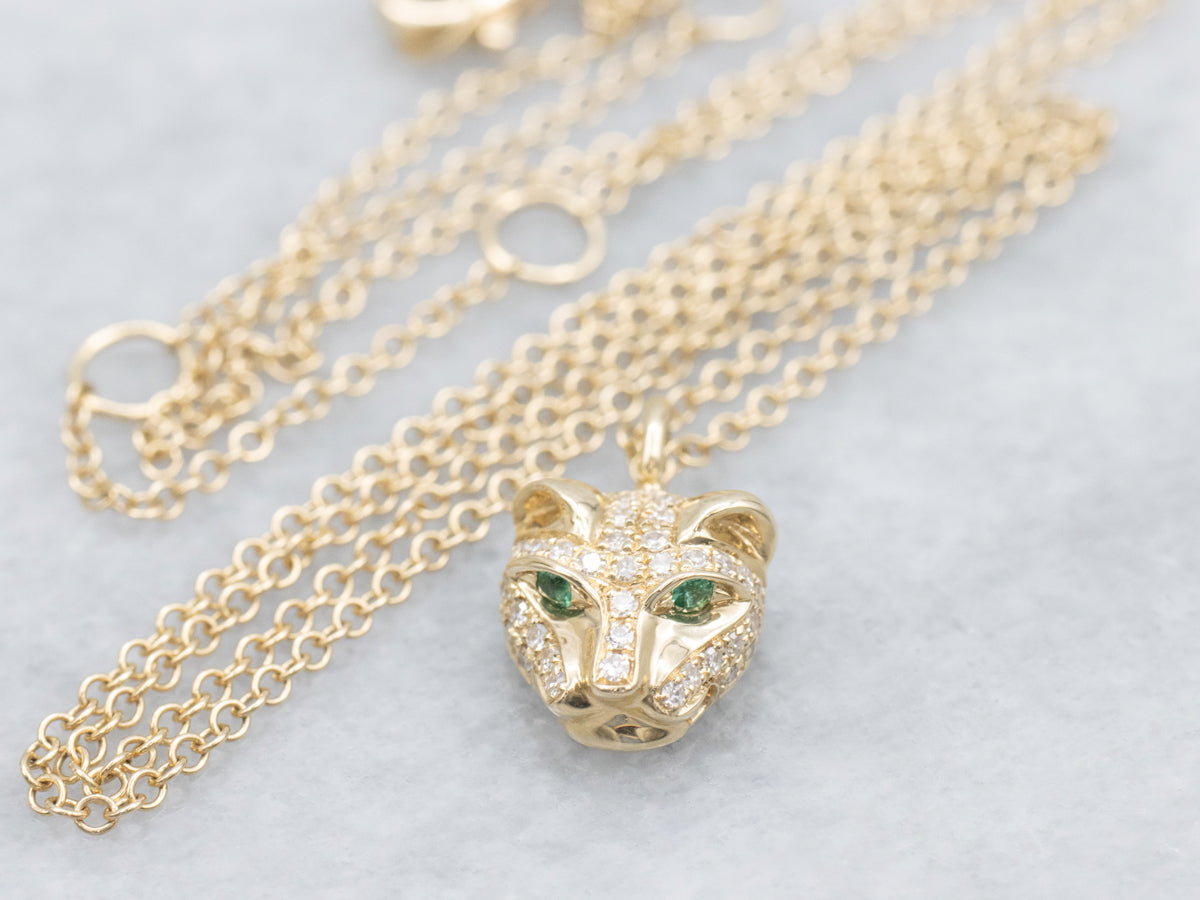 Solid Gold Diamond Panther Pendant with Emerald Eyes Necklace