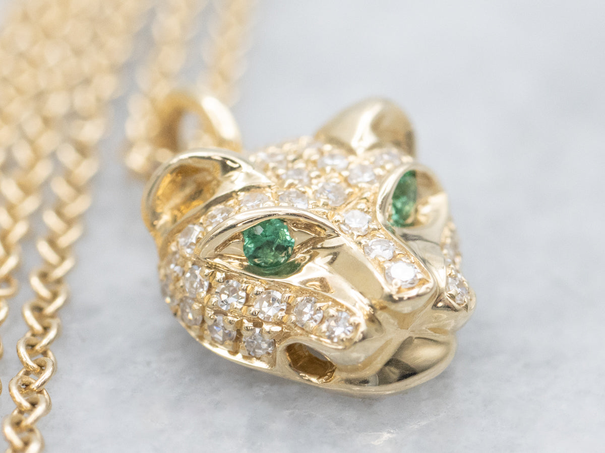 Solid Gold Diamond Panther Pendant with Emerald Eyes Necklace