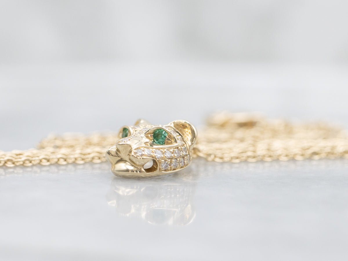 Solid Gold Diamond Panther Pendant with Emerald Eyes Necklace