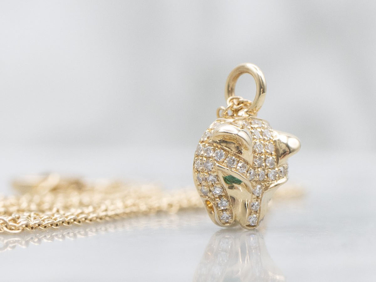 Solid Gold Diamond Panther Pendant with Emerald Eyes Necklace