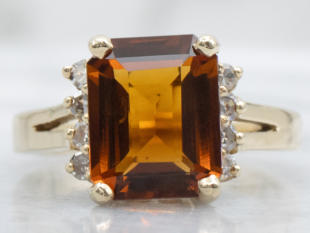 Yellow Gold Emerald-Cut Citrine Ring with Diamond Accents