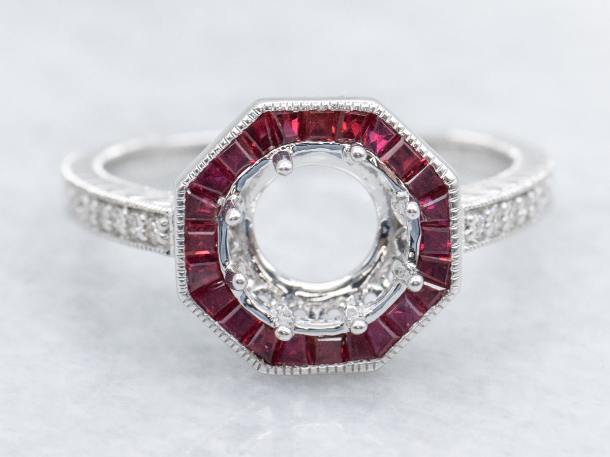 The Pickity Ruby and Diamond Halo Semi-Mount Ring