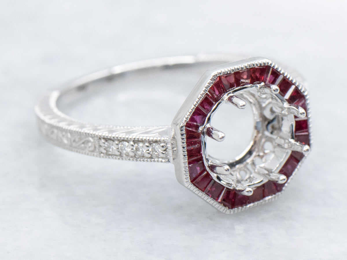 The Pickity Ruby and Diamond Halo Semi-Mount Ring
