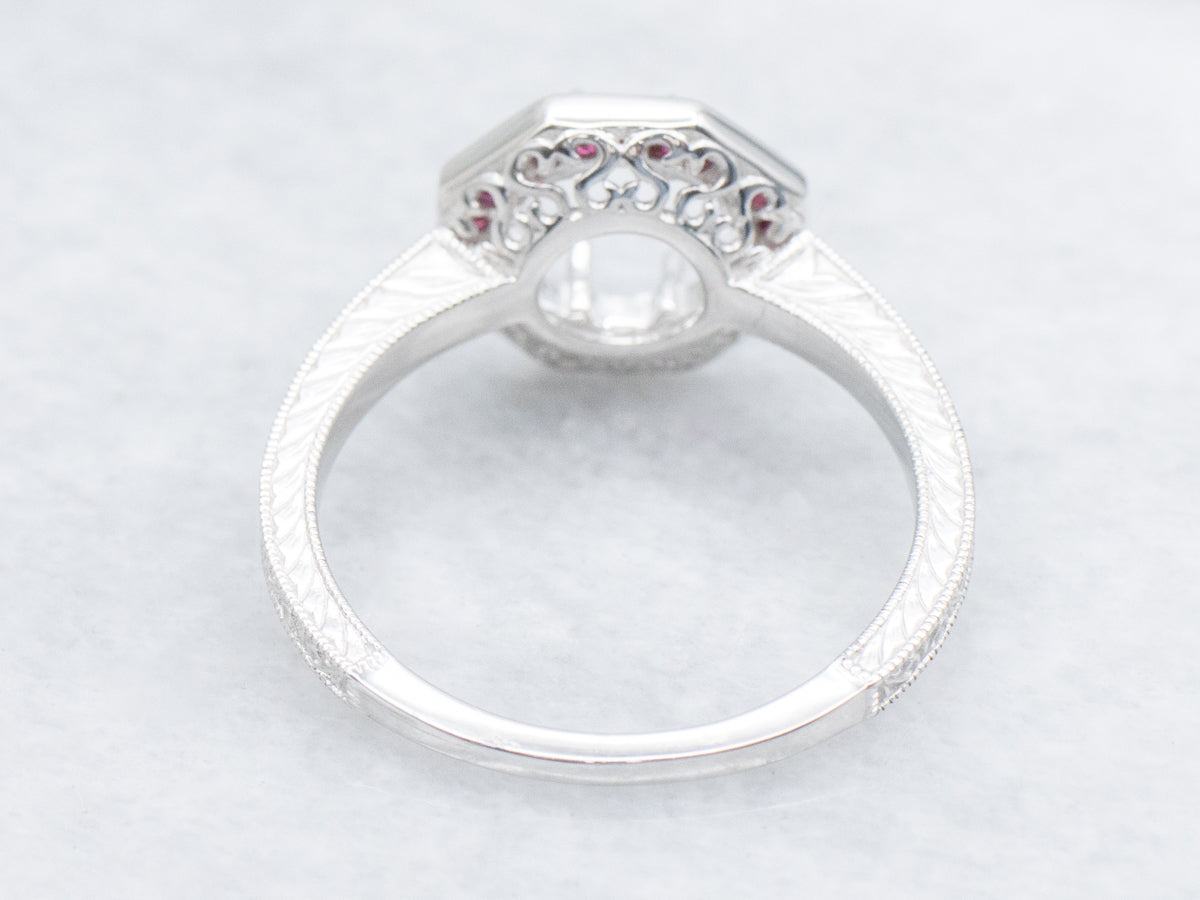 The Pickity Ruby and Diamond Halo Semi-Mount Ring