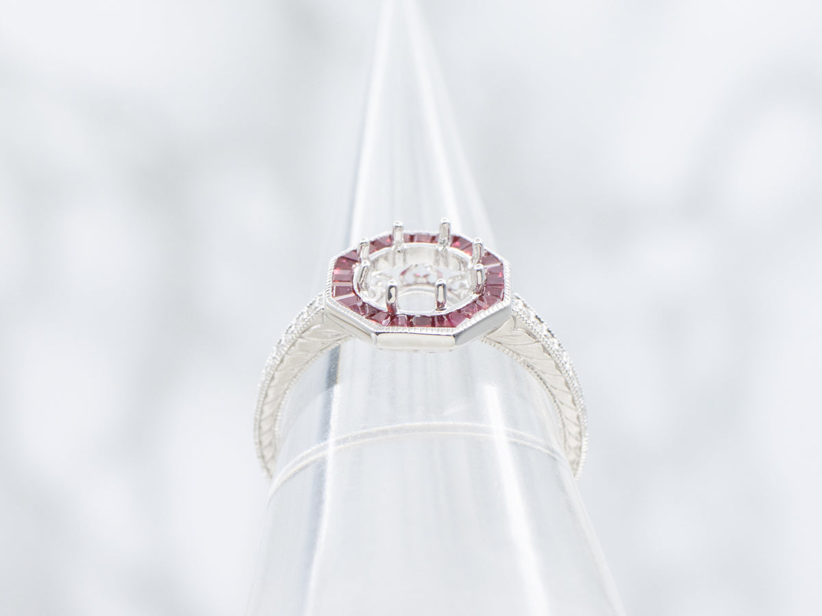 The Pickity Ruby and Diamond Halo Semi-Mount Ring