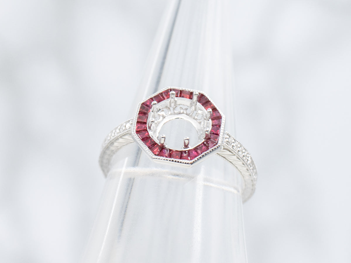 The Pickity Ruby and Diamond Halo Semi-Mount Ring