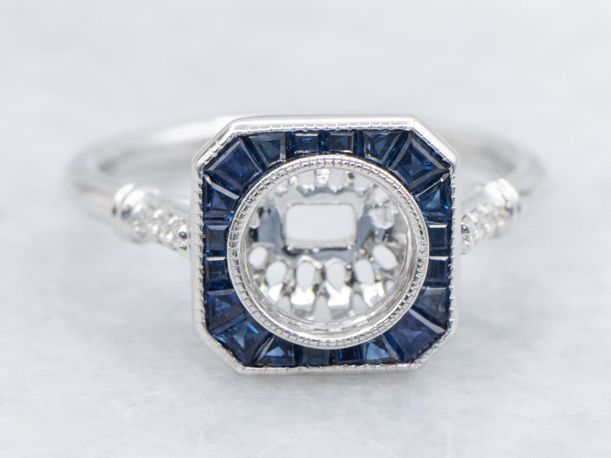 The Old-Orchard Sapphire and Diamond Halo Semi-Mount Ring