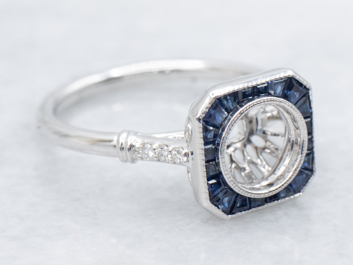 The Old-Orchard Sapphire and Diamond Halo Semi-Mount Ring