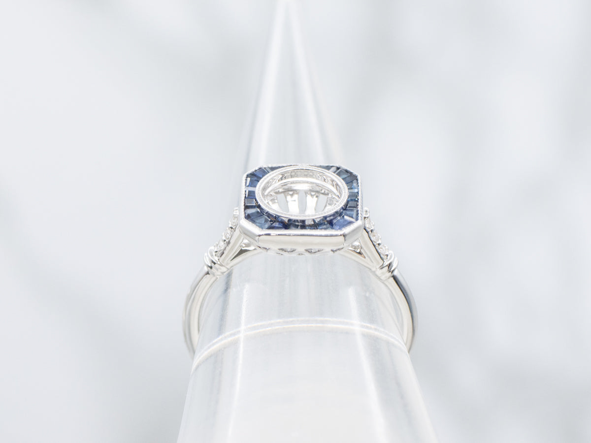 The Old-Orchard Sapphire and Diamond Halo Semi-Mount Ring